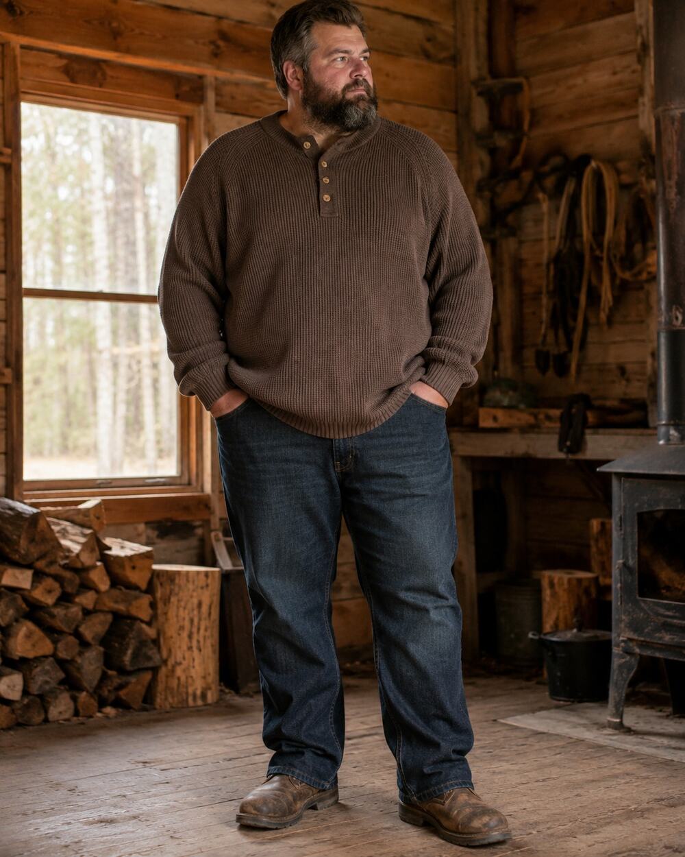 Mens 3XL Brown Heavyweight Cotton Henley Sweater Rugged Cabin Workwear Pullover